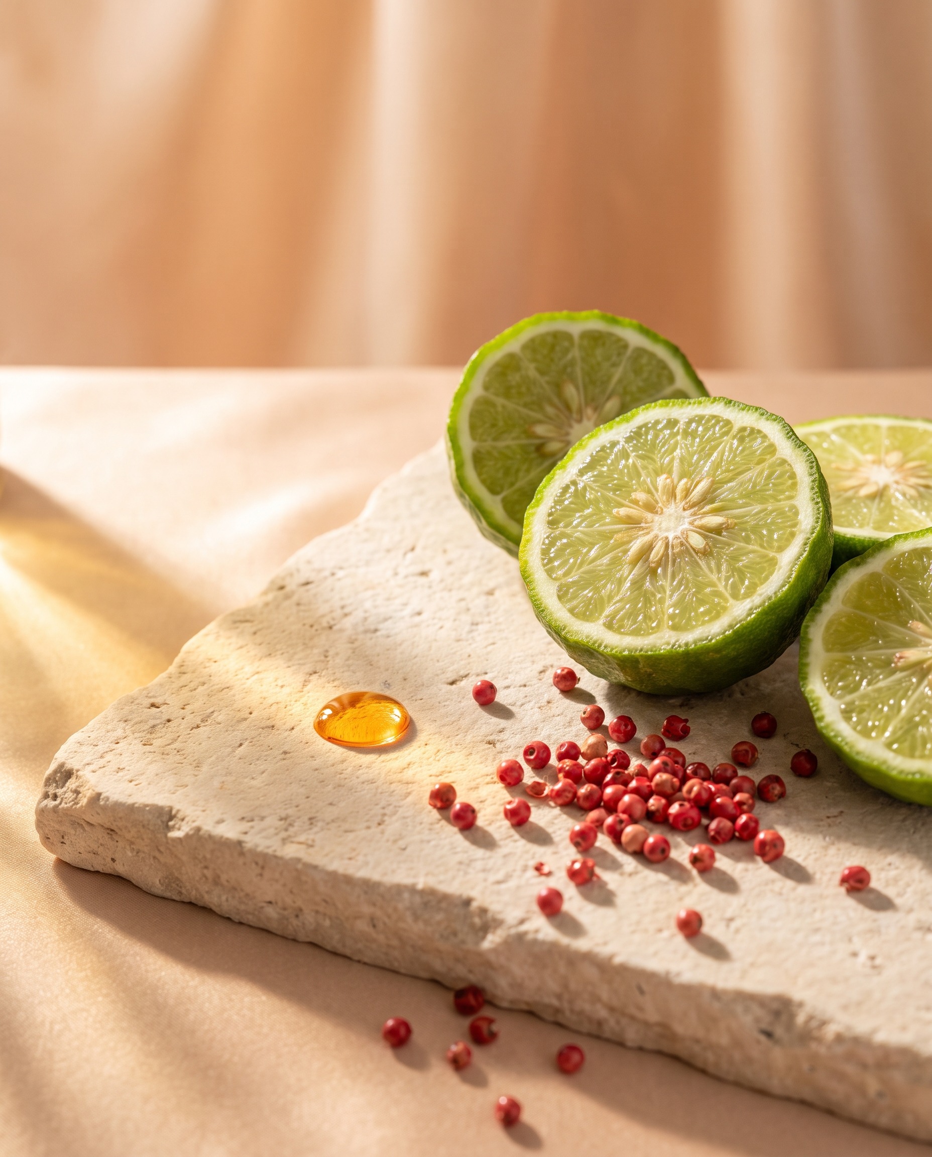 Bergamot halves and pink peppercorns
